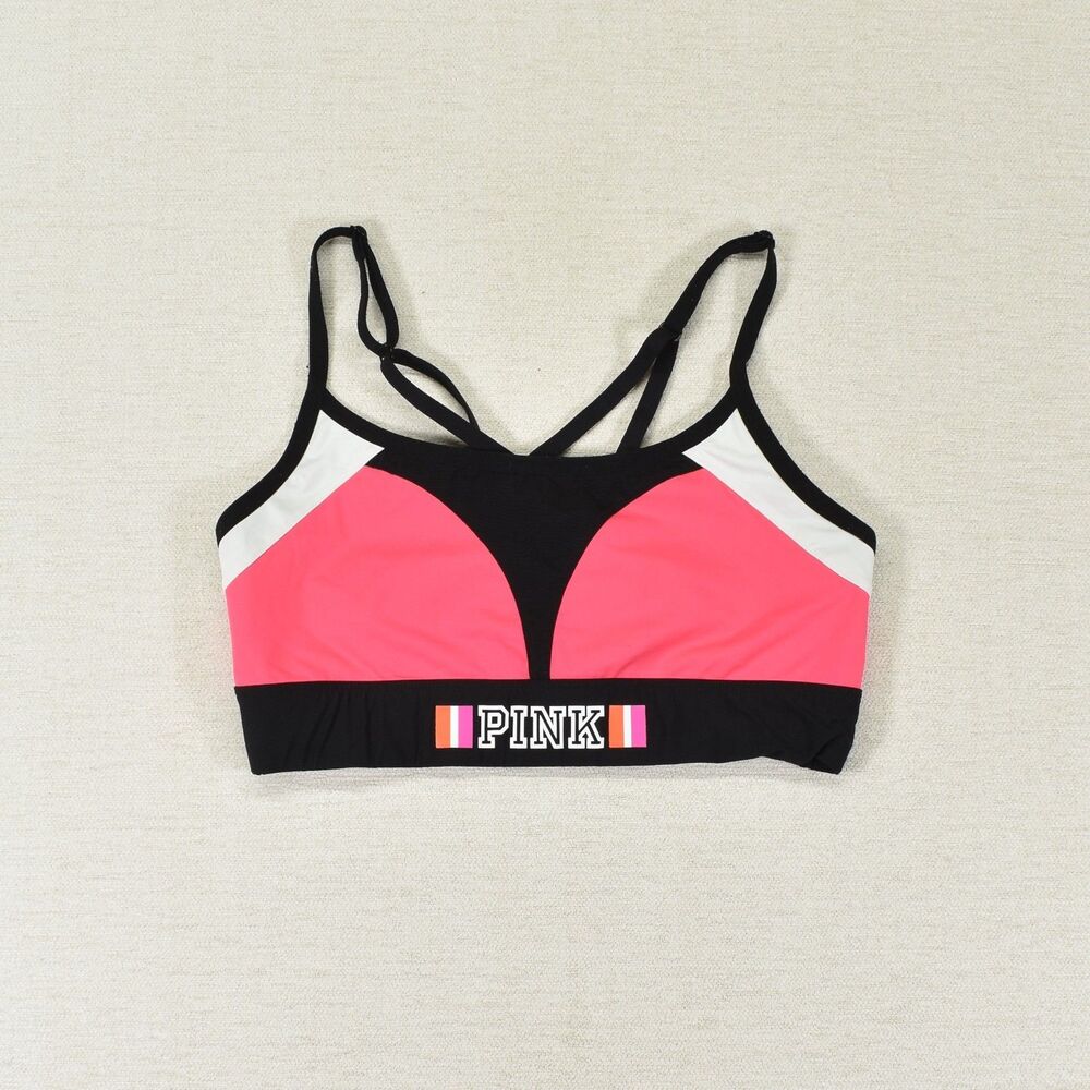 Victorias Secret PINK Sports Bra Womens Small Pink Black White Strappy Bralette